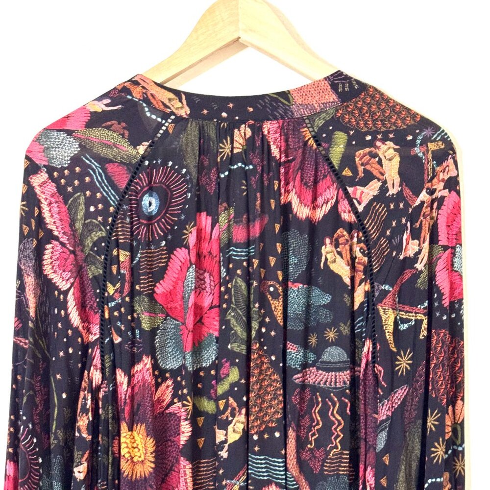 Farm Rio River Creatures Black Floral Mini Dress Tie Belt Button Front Tassels - Picture 9 of 16